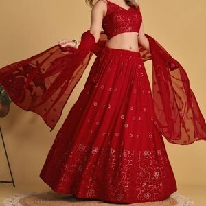 Embroidered Halter, Full Skirt and Shawl (Lehenga Choli) complete set